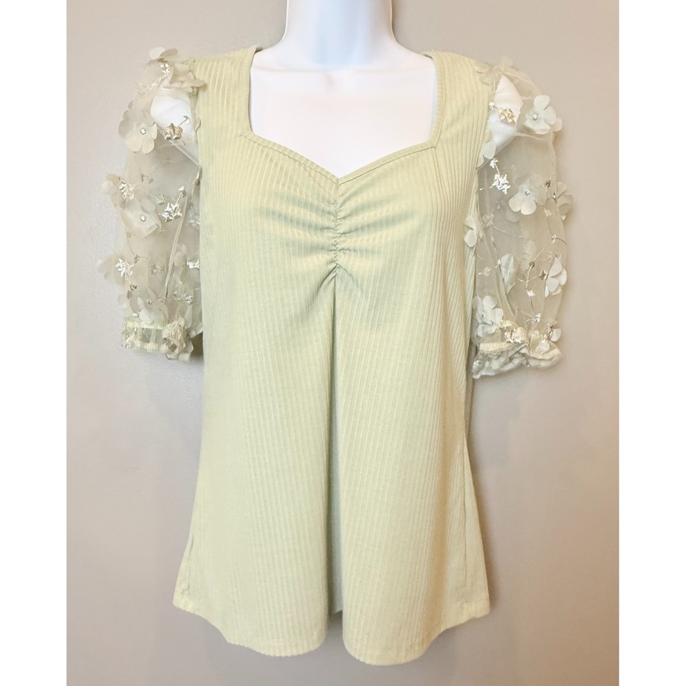 Living in the City Floral Mesh Puff Sleeve Ribbed Top Women's Small Sage Green